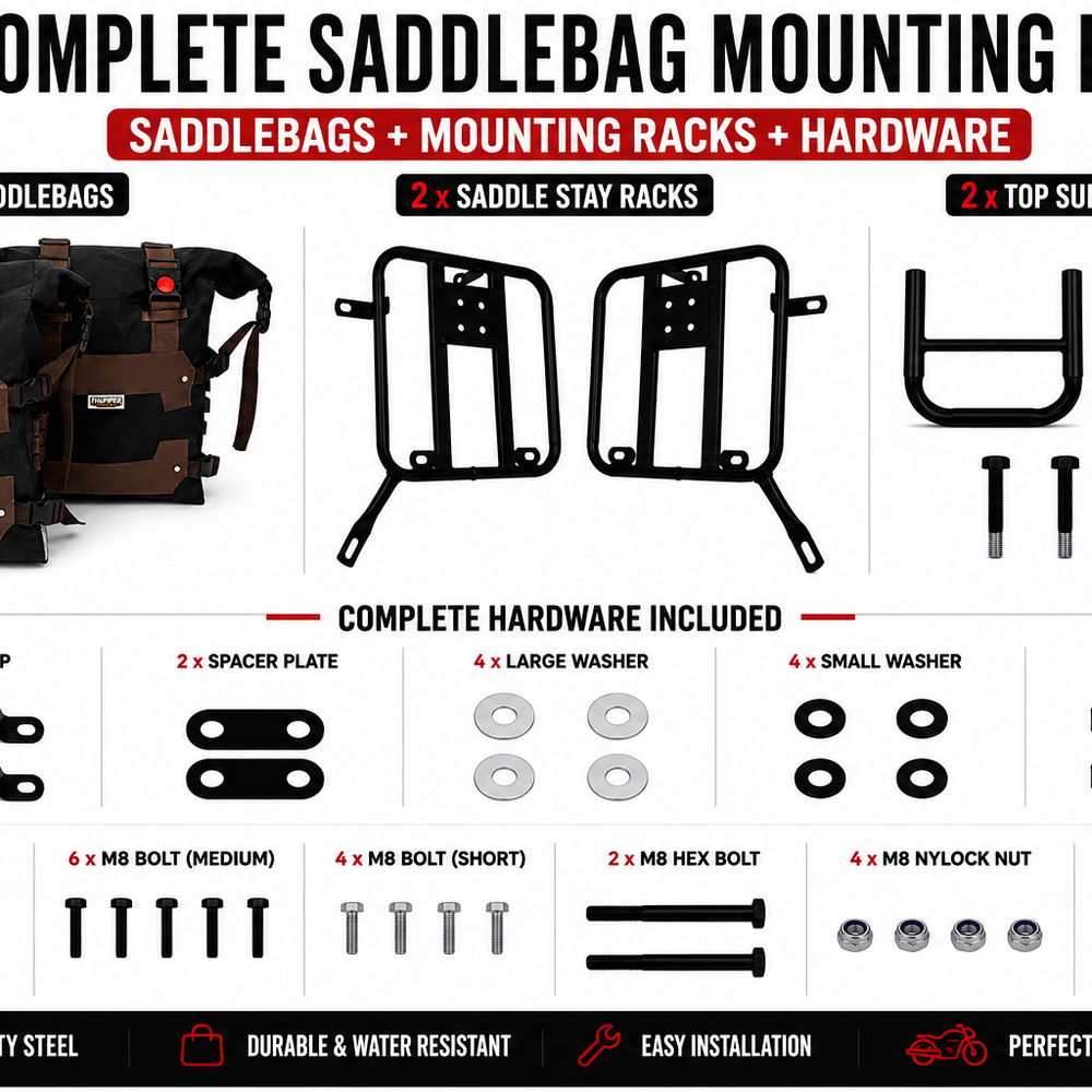 CANVAS PANNIER BAGS (BLACK-BROWN) AND SADDLE STAY FIT FOR ROYAL ENFIELD METEOR 350