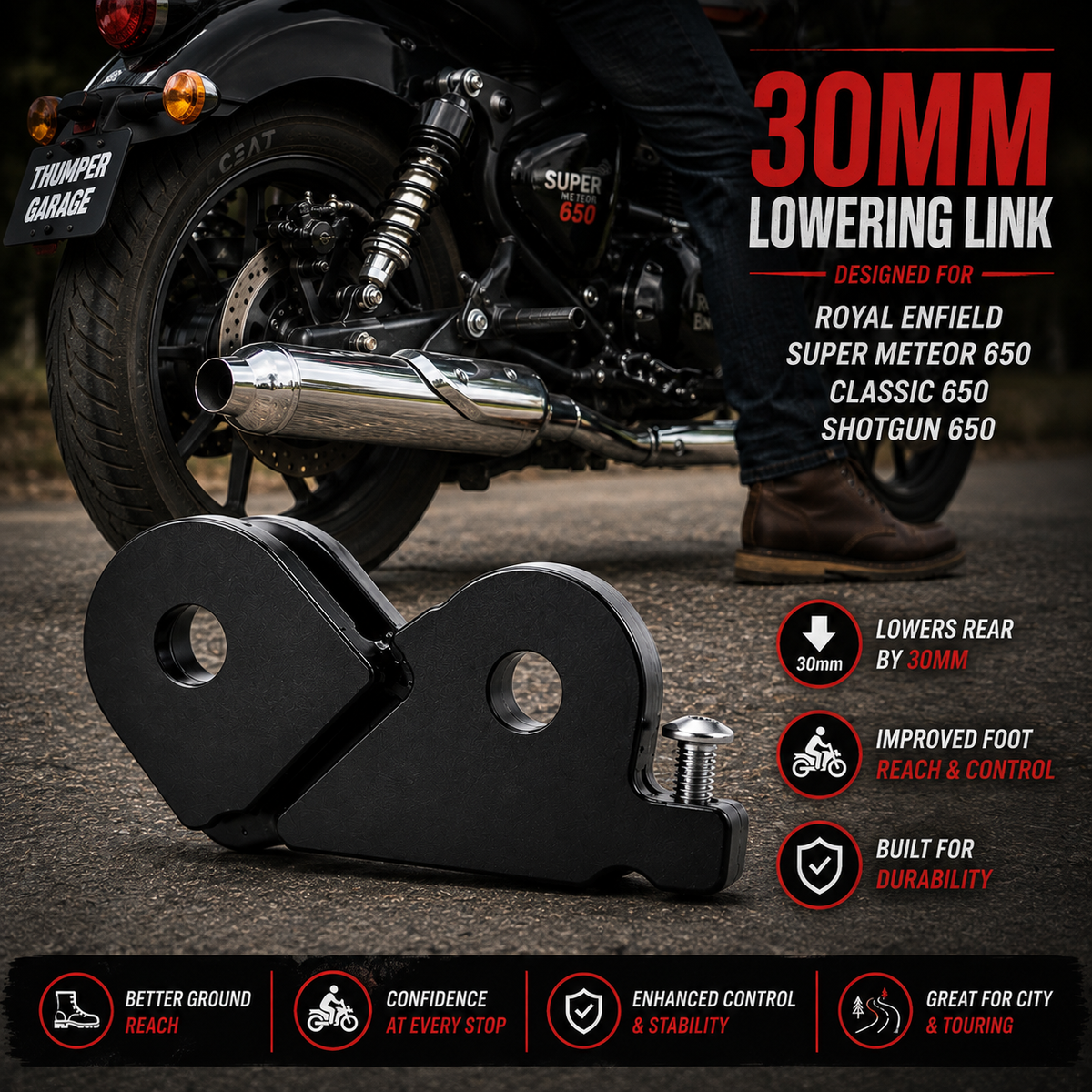 Thumper Garage 30mm Lowering Link for Royal Enfield Super Meteor 650, Classic 650 & Shotgun 650 – Motorcycle Lowering Kit for Improved Foot Reach, Confidence & Riding Control