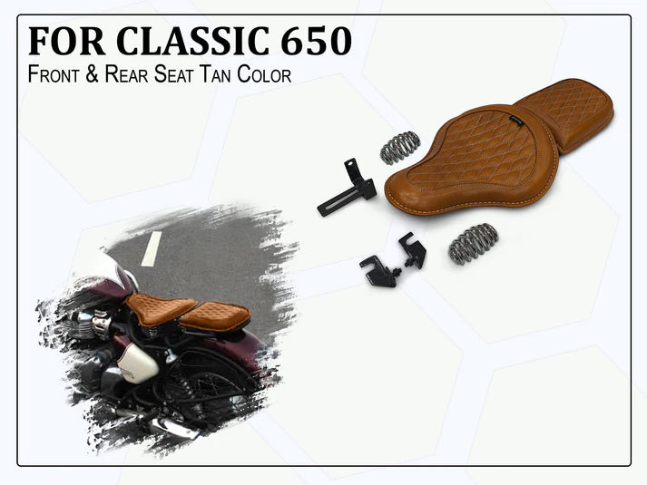 GENUINE LEATHER RIDER AND PILLION SEAT (TAN) FIT FOR ROYAL ENFIELD CLASSIC 650
