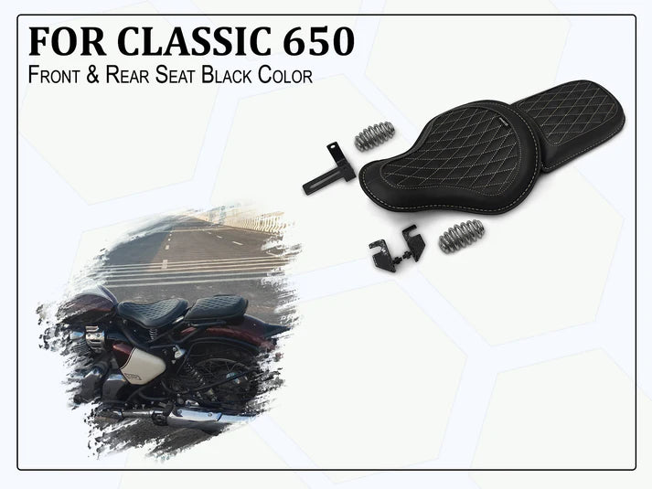 GENUINE LEATHER RIDER AND PILLION SEAT (BLACK) FIT FOR ROYAL ENFIELD CLASSIC 650