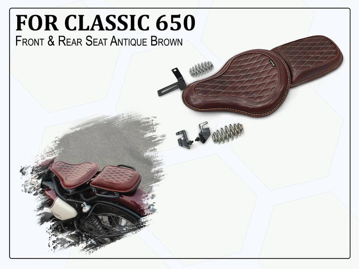 GENUINE LEATHER RIDER AND PILLION SEAT (ANTIQUE BROWN) FIT FOR ROYAL ENFIELD CLASSIC 650