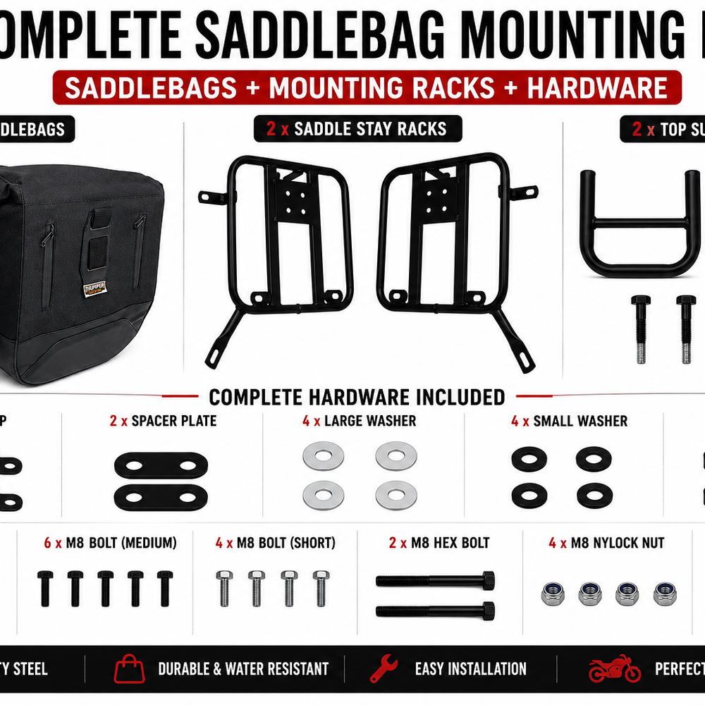 CANVAS PANNIER BAGS (BLACK) AND SADDLE STAY FIT FOR ROYAL ENFIELD METEOR 350