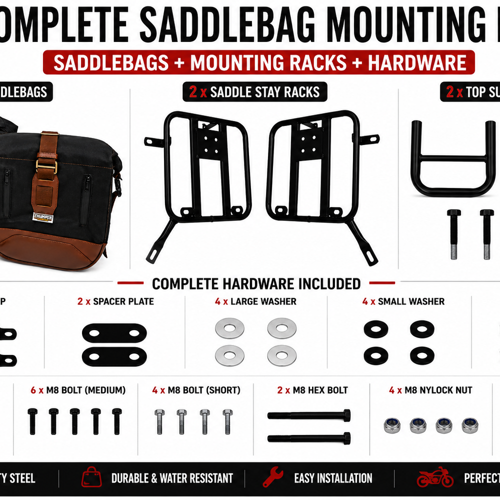 CANVAS PANNIER BAGS (BLACK-BROWN) AND SADDLE STAY FIT FOR ROYAL ENFIELD METEOR 350