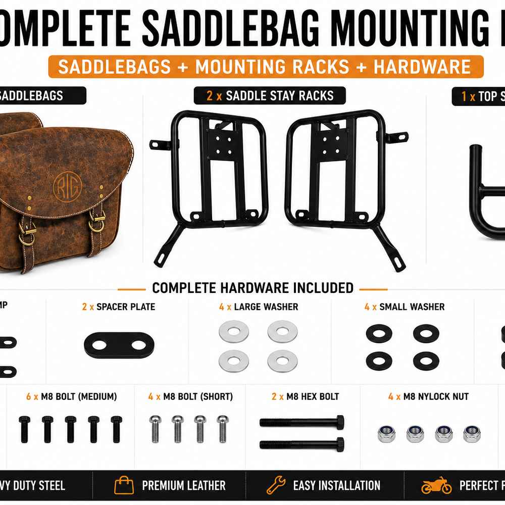 GENUINE LEATHER TOURING PANNIER BAGS (DUSTY BROWN) AND SADDLE STAY FIT FOR ROYAL ENFIELD METEOR 350