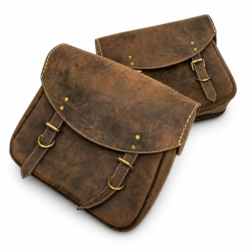 GENUINE LEATHER TOURING PANNIER BAGS (DUSTY BROWN) FIT FOR ROYAL ENFIELD BEAR 650