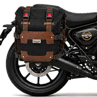 CANVAS PANNIER BAGS (BLACK-BROWN) AND SADDLE STAY FIT FOR ROYAL ENFIELD HUNTER 350