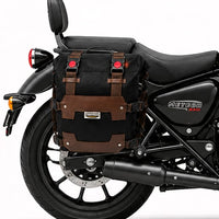 CANVAS PANNIER BAGS (BLACK-BROWN) AND SADDLE STAY FIT FOR ROYAL ENFIELD METEOR 350