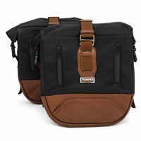 CANVAS PANNIER BAGS (BLACK-BROWN) AND SADDLE STAY FIT FOR ROYAL ENFIELD HUNTER 350
