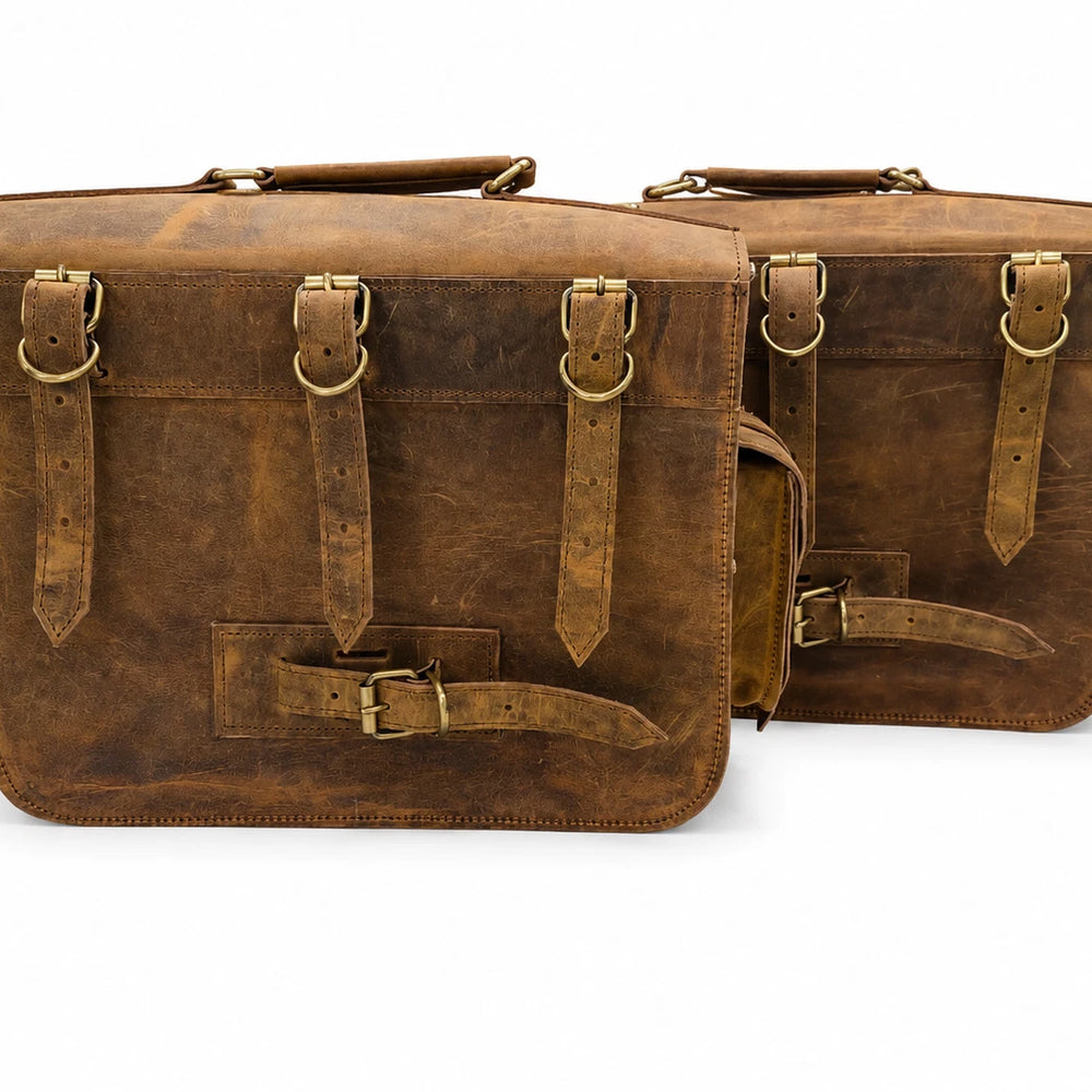 GENUINE LEATHER 4 POCKET TOURING PANNIER BAGS (DUSTY BROWN) FIT FOR ROYAL ENFIELD GOAN CLASSIC 350