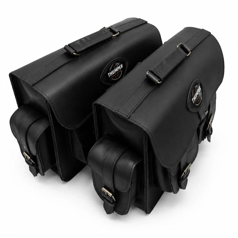 GENUINE LEATHER 4 POCKET TOURING PANNIER BAGS (BLACK) FIT FOR ROYAL ENFIELD BEAR 650