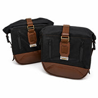 CANVAS PANNIER BAGS (BLACK-BROWN) AND SADDLE STAY FIT FOR ROYAL ENFIELD METEOR 350