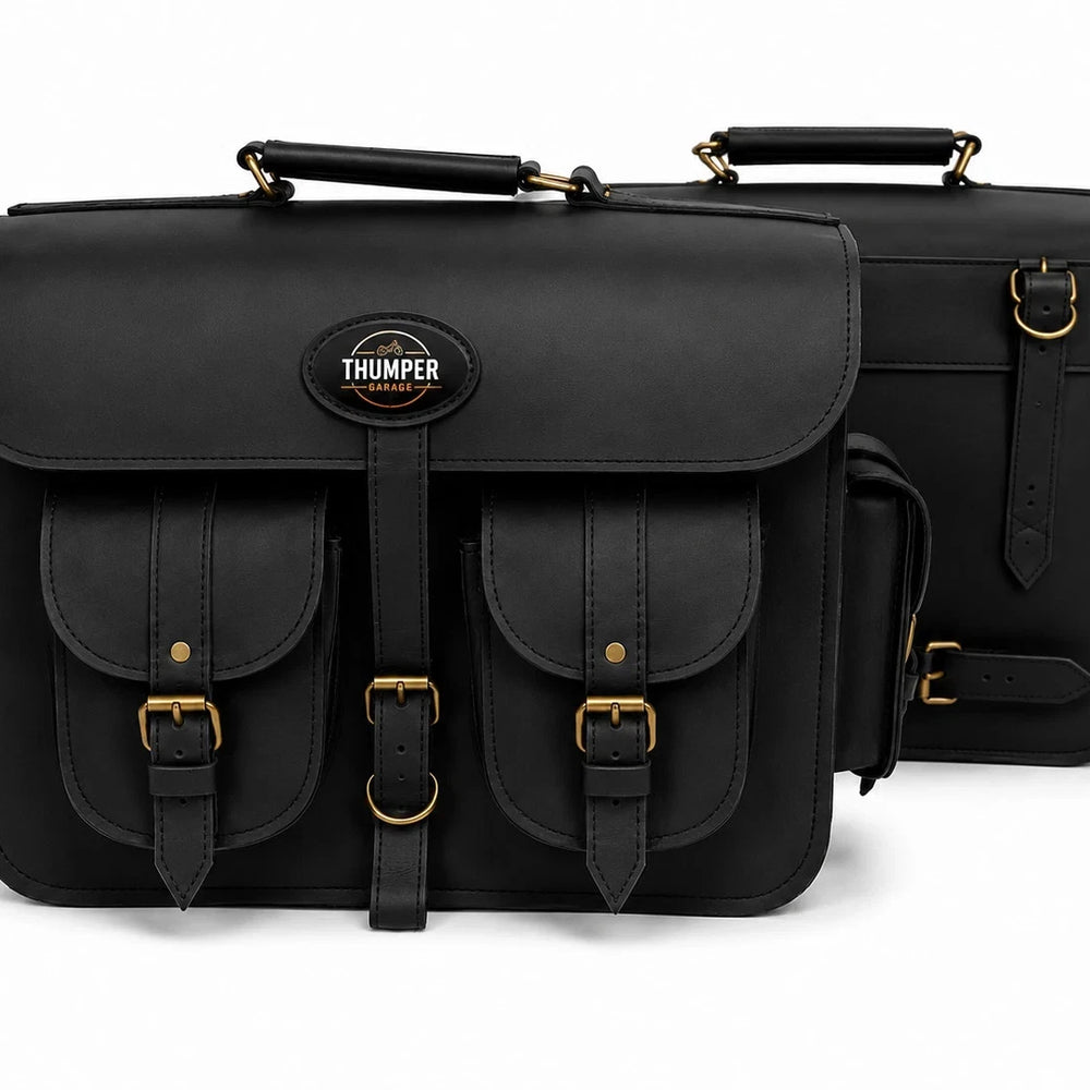 GENUINE LEATHER 4 POCKET TOURING PANNIER BAGS (BLACK) FIT FOR ROYAL ENFIELD CLASSIC 650