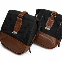 CANVAS PANNIER BAGS (BLACK-BROWN) AND SADDLE STAY FIT FOR ROYAL ENFIELD HUNTER 350
