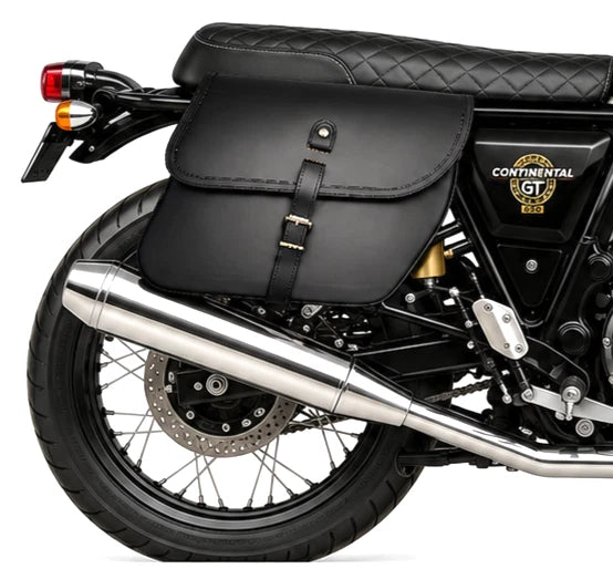 GENUINE LEATHER CURVED TOURING PANNIER BAGS (BLACK) FIT FOR ROYAL ENFIELD CONTINENTAL GT 650