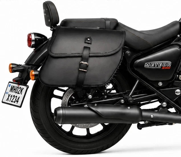 GENUINE LEATHER CURVED TOURING PANNIER BAGS (BLACK) FIT FOR ROYAL ENFIELD METEOR 350