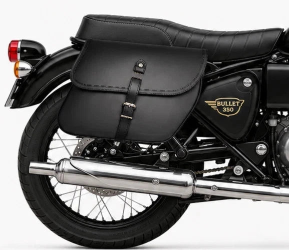 GENUINE LEATHER CURVED TOURING PANNIER BAGS (BLACK) FIT FOR ROYAL ENFIELD BULLET 350