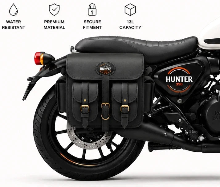GENUINE LEATHER 4 POCKET TOURING PANNIER BAGS (BLACK) FIT FOR ROYAL ENFIELD HUNTER 350
