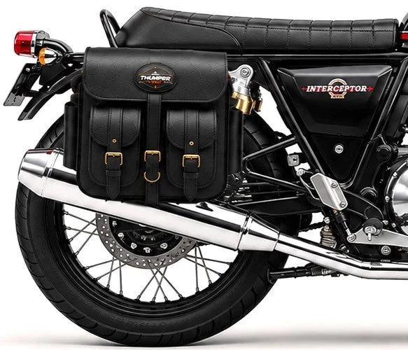 GENUINE LEATHER 4 POCKET TOURING PANNIER BAGS (BLACK) FIT FOR ROYAL ENFIELD INTERCEPTOR 650