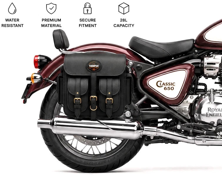 GENUINE LEATHER 4 POCKET TOURING PANNIER BAGS (BLACK) FIT FOR ROYAL ENFIELD bullet 650