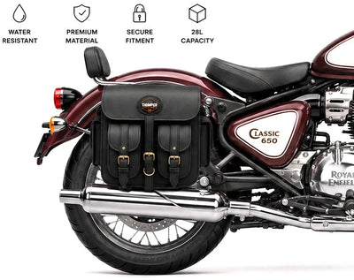 GENUINE LEATHER 4 POCKET TOURING PANNIER BAGS (BLACK) FIT FOR ROYAL ENFIELD bullet 650