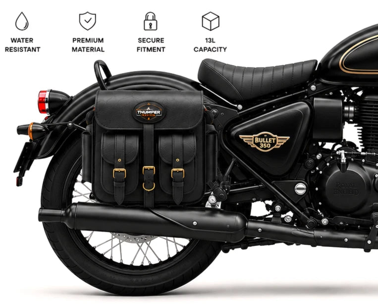 GENUINE LEATHER 4 POCKET TOURING PANNIER BAGS (BLACK) FIT FOR ROYAL ENFIELD BULLET 350