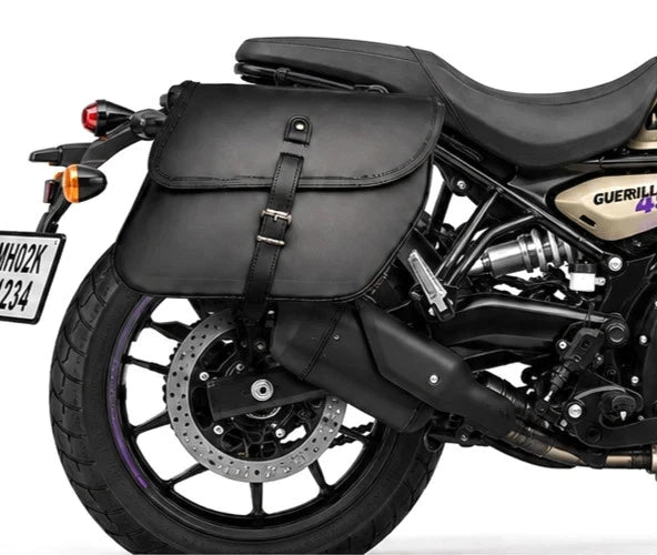 GENUINE LEATHER CURVED TOURING PANNIER BAGS (BLACK) FIT FOR ROYAL ENFIELD GUERRILLA 450