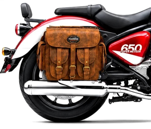 GENUINE LEATHER 4 POCKET TOURING PANNIER BAGS (DUSTY BROWN) FIT FOR ROYAL ENFIELD SUPER METEOR 650