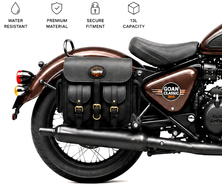 GENUINE LEATHER 4 POCKET TOURING PANNIER BAGS (BLACK) FIT FOR ROYAL ENFIELD GOAN CLASSIC 350