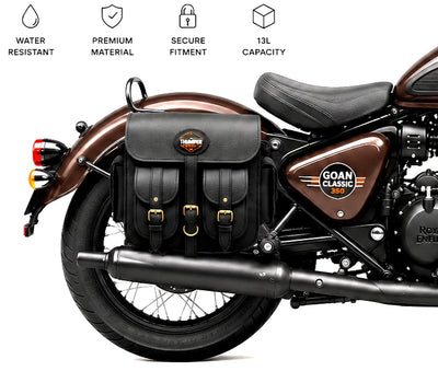 GENUINE LEATHER 4 POCKET TOURING PANNIER BAGS (BLACK) FIT FOR ROYAL ENFIELD GOAN CLASSIC 350