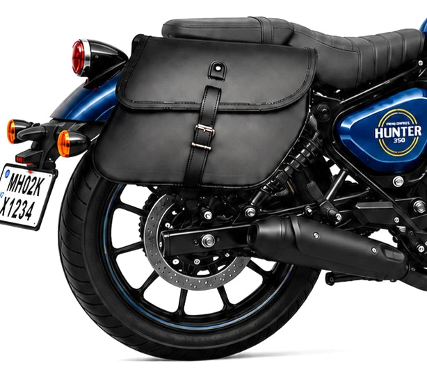 GENUINE LEATHER CURVED TOURING PANNIER BAGS (BLACK) FIT FOR ROYAL ENFIELD HUNTER 350