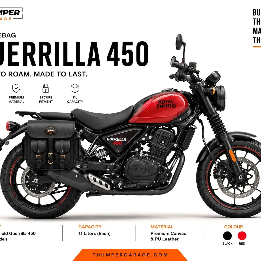 GENUINE LEATHER 4 POCKET TOURING PANNIER BAGS (BLACK) FIT FOR ROYAL ENFIELD GUERRILLA 450