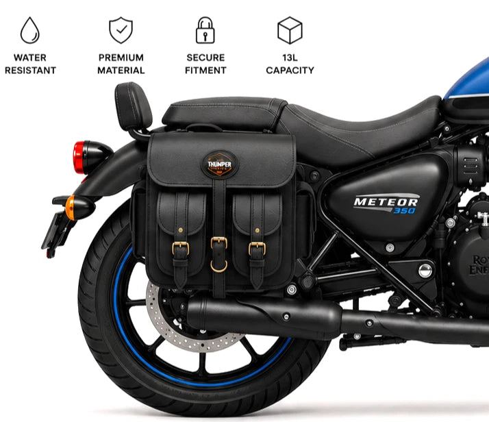 GENUINE LEATHER 4 POCKET TOURING PANNIER BAGS (BLACK) FIT FOR ROYAL ENFIELD METEOR 350