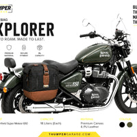 CANVAS PANNIER BAGS (BLACK-BROWN) AND SADDLE STAY FIT FOR ROYAL ENFIELD METEOR 350