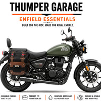 CANVAS PANNIER BAGS (BLACK-BROWN) AND SADDLE STAY FIT FOR ROYAL ENFIELD METEOR 350